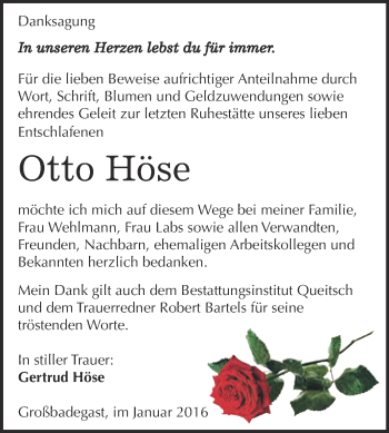 Traueranzeige von Otto Höse von WVG - Wochenspiegel Dessau / Köthen