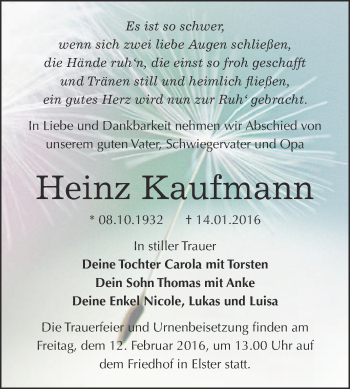 Traueranzeige von Heinz Kaufmann von WVG - Wochenspiegel Wittenberg