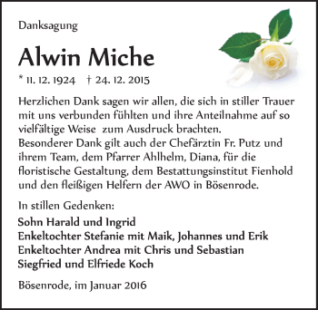 Traueranzeige von Alwin Miche von Mitteldeutsche Zeitung Sangerhausen