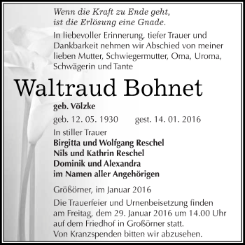 Traueranzeige von Waltraud Bohnet von Super Sonntag SGH Mansf. Land