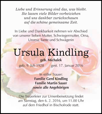 Traueranzeige von Ursula Kindling von Wochenspiegel Mansfelder Land