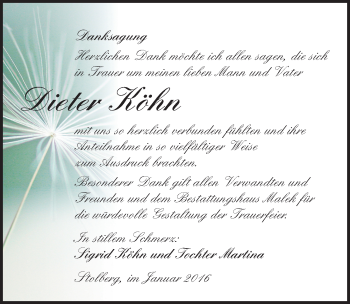 Traueranzeige von Dieter Köhn von Mitteldeutsche Zeitung Sangerhausen