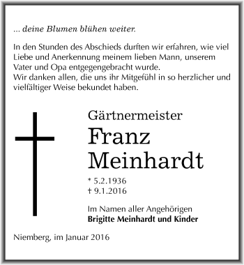 Traueranzeige von Franz Meinhardt von Mitteldeutsche Zeitung Halle/Saalkreis