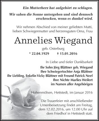 Traueranzeige von Annelies Wiegand von Wochenspiegel Mansfelder Land