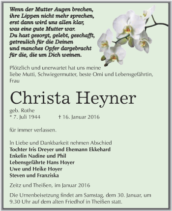Traueranzeige von Christa Heyner von Super Sonntag Zeitz