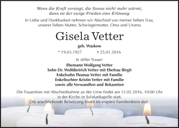 Traueranzeige von Gisela Vetter von Mitteldeutsche Zeitung Bitterfeld