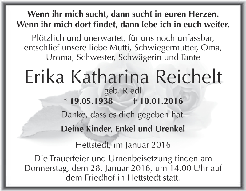  Traueranzeige für Erika Katharina Reichelt vom 20.01.2016 aus Wochenspiegel Mansfelder Land