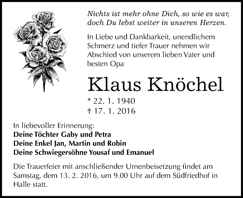  Traueranzeige für Klaus Knöchel vom 23.01.2016 aus Mitteldeutsche Zeitung Halle/Saalkreis