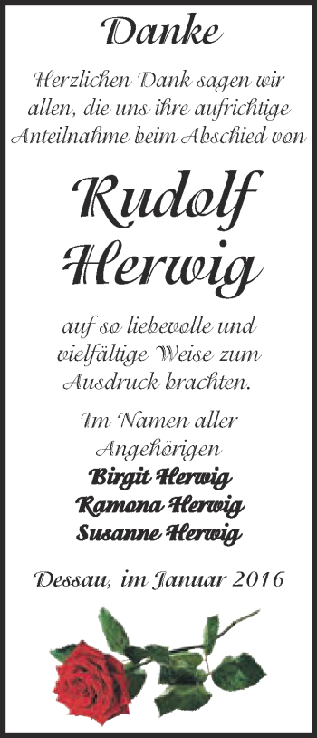 Traueranzeige von Rudolf Herwig von WVG - Wochenspiegel Dessau / Köthen