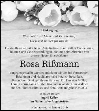 Traueranzeige von Rosa Rißmann von Wochenspiegel Mansfelder Land