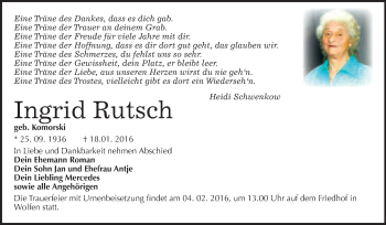 Traueranzeige von Ingrid Rutsch von WVG - Wochenspiegel Bitterfeld
