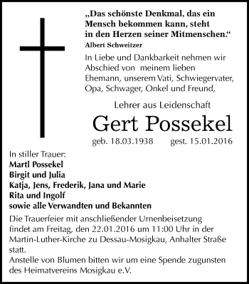 Traueranzeige von Gert Possekel von Mitteldeutsche Zeitung Dessau-Roßlau