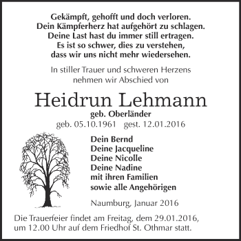 Traueranzeige von Heidrun Lehmann von WVG - Wochenspiegel NMB / WSF / ZTZ