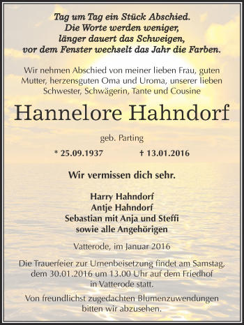 Traueranzeige von Hannelore Hahndorf von Wochenspiegel Mansfelder Land