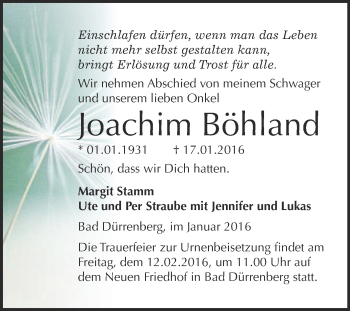 Traueranzeige von Joachim Böhland von Super Sonntag Merseburg
