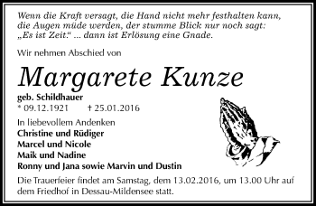 Traueranzeige von Margarete Kunze von Mitteldeutsche Zeitung Dessau-Roßlau