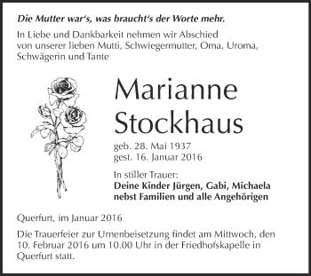 Traueranzeige von Marianne Stockhaus von WVG - Wochenspiegel Merseburg
