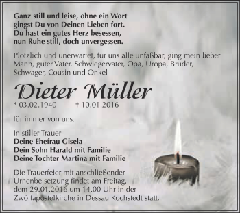 Traueranzeige von Dieter Müller von WVG - Wochenspiegel Dessau / Köthen