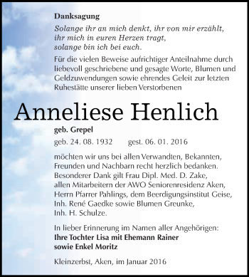 Traueranzeige von Anneliese Henlich von WVG - Wochenspiegel Dessau / Köthen