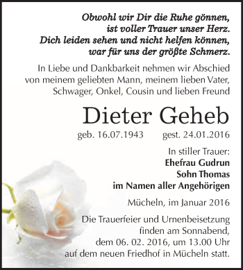 Traueranzeige von Dieter Geheb von WVG - Wochenspiegel Merseburg