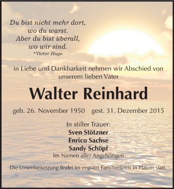 Traueranzeige von Walter Reinhard von Mitteldeutsche Zeitung Merseburg/Querfurt