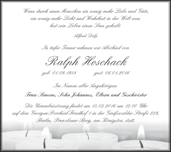 Traueranzeige von Ralph Hoschack von Super Sonntag Wittenberg
