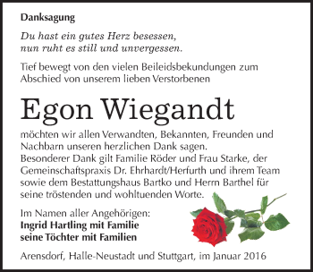 Traueranzeige von Egon Wiegandt von Mitteldeutsche Zeitung Köthen