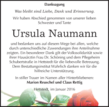 Traueranzeige von Ursula Naumann von Mitteldeutsche Zeitung Mansfelder Land