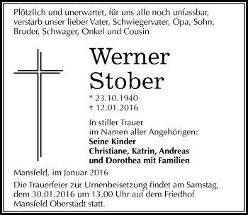 Traueranzeige von Werner Stober von Mitteldeutsche Zeitung Mansfelder Land