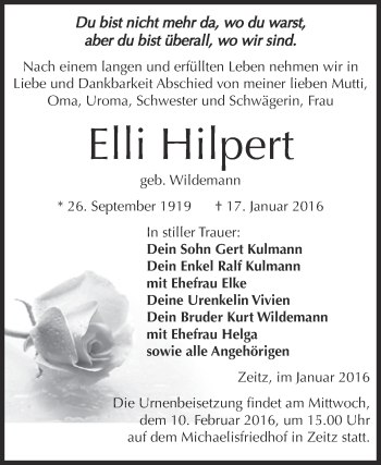 Traueranzeige von Elli Hilpert von Super Sonntag Zeitz