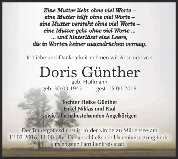 Traueranzeige von Doris Günther von WVG - Wochenspiegel Dessau / Köthen