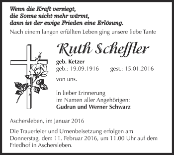 Traueranzeige von Ruth Scheffler von Super Sonntag Aschersleben