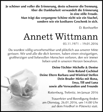 Traueranzeige von Annett Wittmann von Mitteldeutsche Zeitung Zeitz