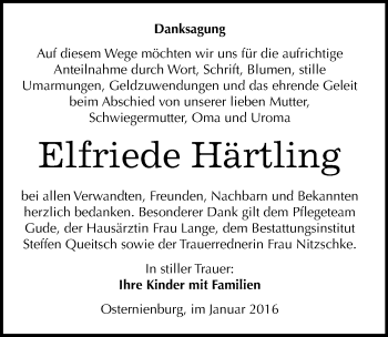 Traueranzeige von Elfriede Härtling von Mitteldeutsche Zeitung Köthen
