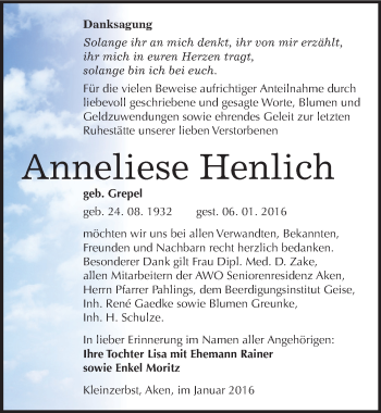 Traueranzeige von Anneliese Henlich von Mitteldeutsche Zeitung Köthen