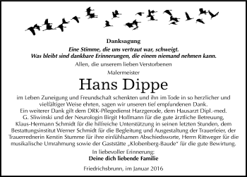 Traueranzeige von Hans Dippe von Mitteldeutsche Zeitung Quedlinburg