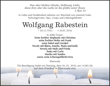 Traueranzeige von Wolfgang Rabestein von Mitteldeutsche Zeitung Naumburg/Nebra