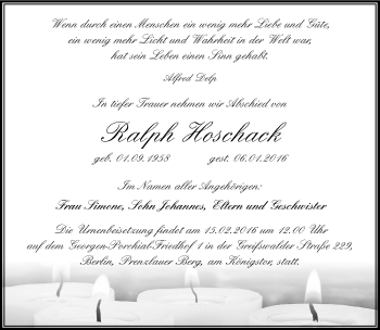 Traueranzeige von Ralph Hoschack von Mitteldeutsche Zeitung Wittenberg