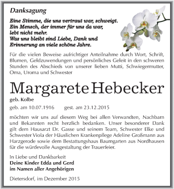 Traueranzeige von Margarete Hebecker von Mitteldeutsche Zeitung Sangerhausen