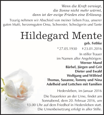 Traueranzeige von Hildegard Mente von WVG - Wochenspiegel Quedlinburg