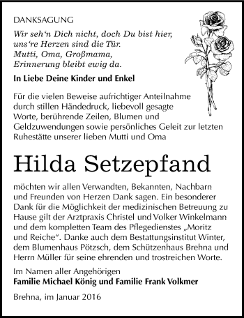 Traueranzeige von Hilda Setzepfand von Mitteldeutsche Zeitung Bitterfeld