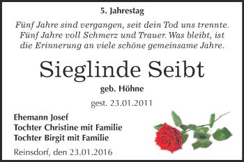 Traueranzeige von Sieglinde Seibt von WVG - Wochenspiegel NMB / WSF / ZTZ
