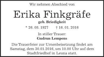 Traueranzeige von Erika Finkgräfe von WVG - Wochenspiegel Merseburg