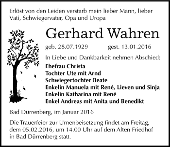 Traueranzeige von Gerhard Wahren von Mitteldeutsche Zeitung Merseburg/Querfurt