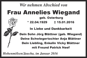 Traueranzeige von Annelies Wiegand von WVG - Wochenspiegel NMB / WSF / ZTZ