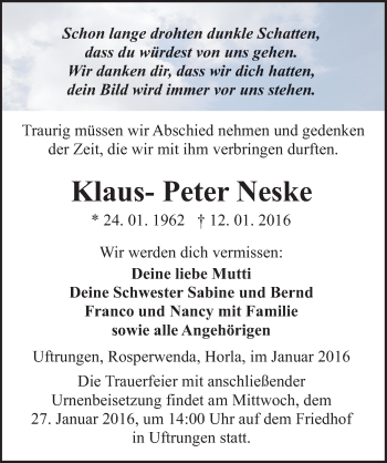 Traueranzeige von Klaus- Peter Neske von Mitteldeutsche Zeitung Sangerhausen