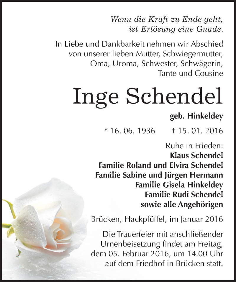  Traueranzeige für Inge Schendel vom 30.01.2016 aus Mitteldeutsche Zeitung Sangerhausen