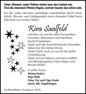Traueranzeige von Kira Saalfeld von Mitteldeutsche Zeitung Aschersleben