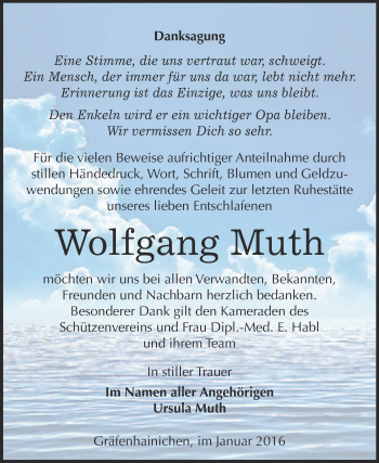 Traueranzeige von Wolfgang Muth von WVG - Wochenspiegel Wittenberg