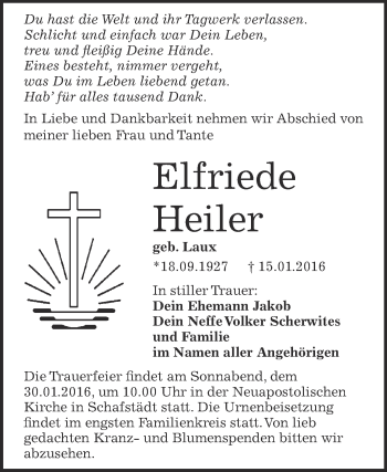 Traueranzeige von Elfriede Heiler von WVG - Wochenspiegel Merseburg